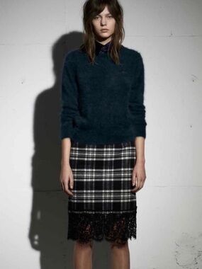 Sacai Luck Black White Plaid Brushed Cotton Lace Embellished Pencil Skirt M